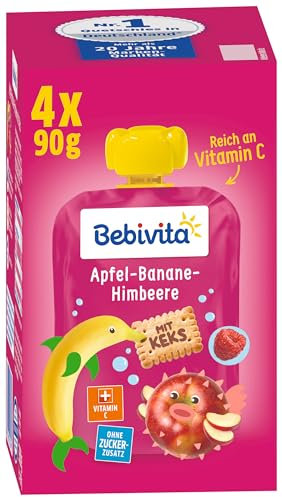Bebivita Kinder-Spaß Frucht & Keks Apfel-Banane-Himbeere mit Keks, 4er Pack (4 x 360 g)