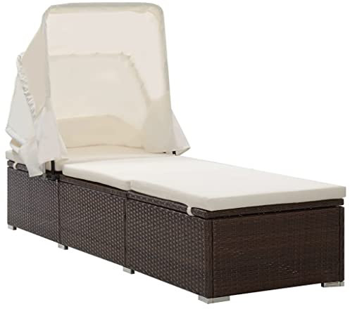 vidaXL Tumbona con Toldo y Cojín Camas Colchón Muebles Asiento de Jardín Patio Doble Matrimonio Exterior Terraza de Ratán Sintético Marrón