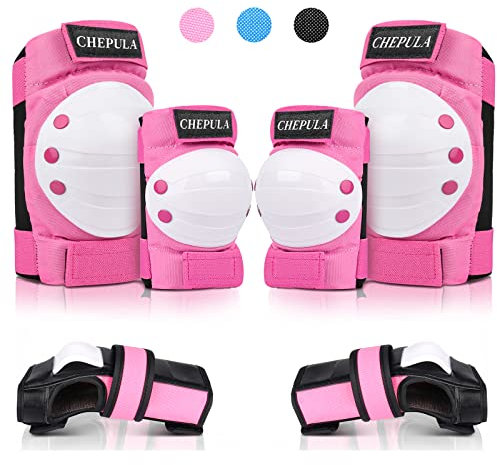 CHEPULA Schoner Inliner Kinder Erwachsene, 6 in 1 Protektoren Set, Verstellbare Knieschoner Ellenbogenschoner Handgelenkschoner, Schützer Schutzausrüstung Schonerset für Skateboard Skate, Pink S
