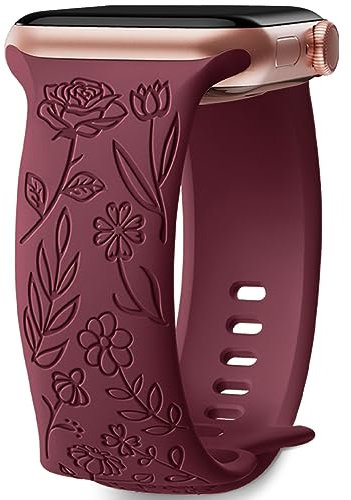 Mastten Intagliato Fiore Cinturino Compatibile con Apple Watch 42mm 44mm 45mm 49mm, Morbido Silicone Elegante Modello Rosa per Series 9 8 7 6 5 4 3 2 1 SE, Vino Rosso