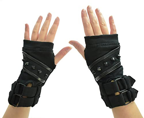 Poizen Industries Xian Armstulpen Kegelbeschlagene Gotische Fingerlose Handschuhe mit doppelter Schnalle