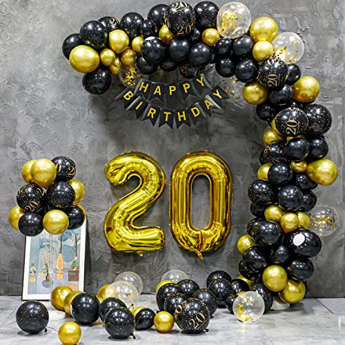20 Geburtstag Deko, 20 Geburtstag Mann Frauen, 20 Jahre Geburtstagdeko, Happy Birthday Girlande Ballon Schwarz Gold Dekoration, Deko 20 Geburtstag Konfetti Luftballons Birthday Party