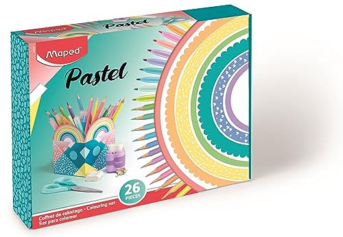 Maped - Coffret d'Écriture Pastel 14 Pièces - Crayons Graphite HB + Taille-Crayon + Surligneurs + Feutres d'Écriture + Ciseaux 16cm + Gomme Blanche