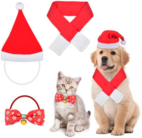 3 Stück Weihnachten Katzenkostüm Hundekostüm mit Weihnachtsmütze, Fliege mit Glocken, Halsband Halstuch Justierbare, Tier Weihnachtskostüm, Haustier Weihnachtskleidung für Katzen Kleine Hunde Welpen