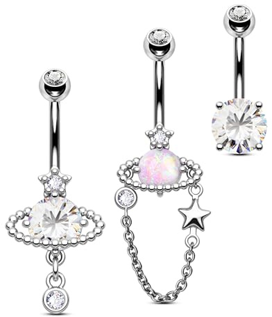 CM Crareesi Mania Bauchnabelpiercing, Planetenstern, baumelnde Bauchnabelpiercings, 10 mm, Chirurgenstahl, Bananabell-Piercing, 14 g, Opal, Zirkonia, 3 Stück