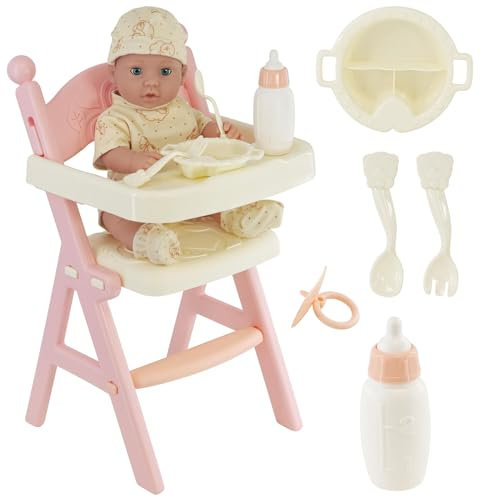 BiBi Doll Baby Doll Age 3+ with High Chair & Feeding Accessories Fork Spoon Milk Bottle Dummy Pacifier and Feeding Plate Girls Role Play Toy Pink