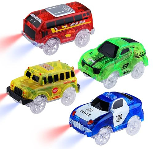 4er-Pack Magic Spielzeugautos Track Cars leuchten im Dunkeln, Autos Spielzeug Mini-Polizeiauto, Bus, Schulbus, Sportwagen mit 5 LED Blinkenden Lichtern für Kinder 3 4 5 8 Jahre, Gleise Autos Ersatz