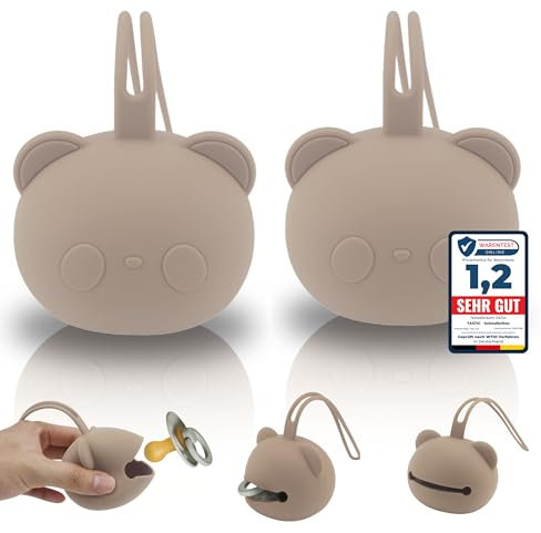 Tastic Schnullerbox Baby - 2x Silikon Schnullerbox für unterwegs in Pandaform – Schnulleraufbewahrung BPA frei – Box vielseitig nutzbar und leicht zu Reinigen. beige + beige