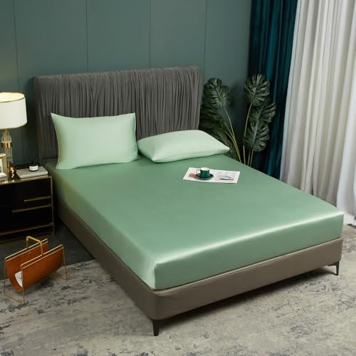 Luofanfei Spannbettlaken 160x200 Hellgrün Grün Boxspringbett Frottee Glänzend Sommer Kühlend Bambus Microfaser Bettlaken Uni Spannbetttücher für Hohe Matratze bis 25-30 cm