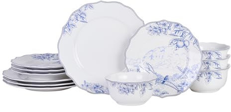 222 Fifth Hudson Valley - Servizio da tavola in porcellana, 12 pezzi, per 4 persone, piatti e ciotole, bianco con motivo floreale blu e fauna tradizionale, per cene quotidiane, microonde e