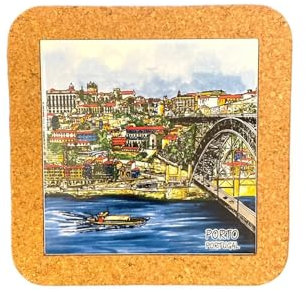 Carreaux azulejo du Portugal, carreaux de céramique ethniques portugais – Dessous de plat en liège – Décorations d'intérieur et murales (20 cm) (vue sur la vallée du Duoro et le pont de Luis)