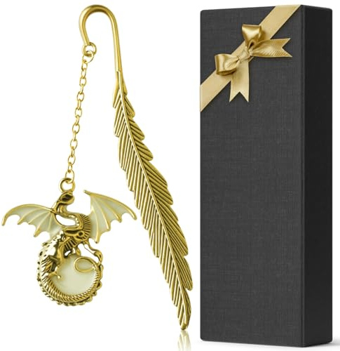 Cool Dragon Gifts Lesezeichen leuchtet im Dunkeln, Metall-Lesezeichen, Fantasie-Feder, leuchtende Lesezeichen für Damen und Herren, coole Lesezeichen für Buchliebhaber, Leser (goldener Drache)