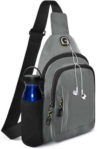 BROTOU Unisex Crossbody Shoulder Bag, Waterproof Chest Bag with Side Mesh Bag and USB Hole, Travel Hiking Daypack (Light Grey)