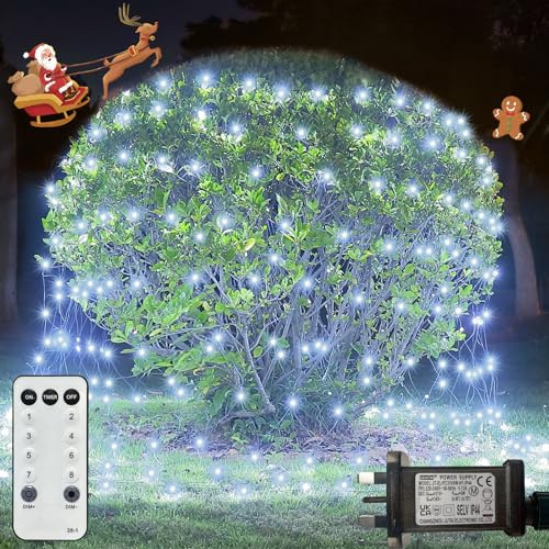 Vimlits Christmas Net Lights Outdoor, 4.5m x 1.5m 300 LED Mesh Lights for Bushes Plug in, Waterproof 8 Light Modes Green Wire String Lights with Remote Timer Garden Outside Fence Tree Decor White