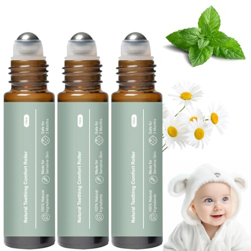 Teething Roller All Natural for Babies, Natural Gum Relief with Chamomile & Rose Oil, Gentle Massage Applicator for Soothing Infant Teething Pain, Essential Oil Massage Roller (3 PCS)