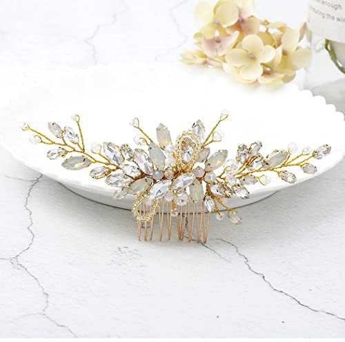 Handcess Haarkamm für Hochzeiten, Silber mit Strasssteinen, blauem Opal, Kristall, Vintage-Haarschmuck für Bräute und Brautjungfern (gold)