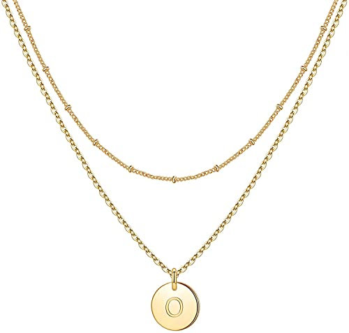 Minegreet Gold Initial Necklaces for Women,17K Gold Filled Hammered Gold Coin Necklaces for Women Initial Necklace Layered Initial Necklaces for Women Teen Girl Jewelry(O), Green,Gold
