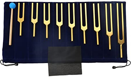 Dreld 9 PCS Solfeggio Stimmgabel Set Chakra Stimmgabel mit Silikonhammer Tasche 174Hz, 285Hz, 396Hz, 417Hz, 528Hz, 639Hz, 741Hz, 852Hz, 963Hz, für DNA-Reparatur Heilung Klangtherapie (Golden)