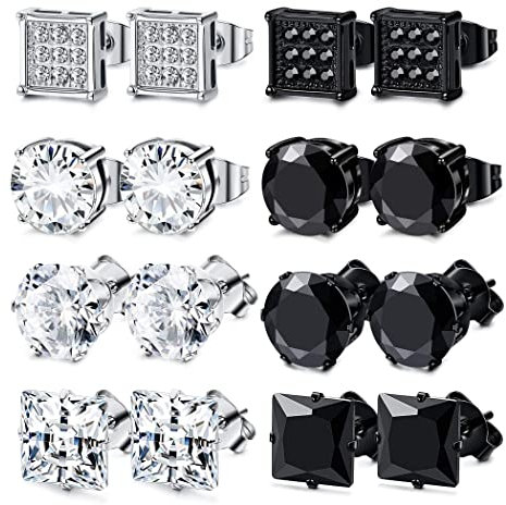 KALVICA 8 Paires Acier Inoxydable Boucles d’Oreilles pour Homme Femme Noir Ronde en Argent Zirconium Cubique Clous D'oreilles Ensembles Carré Piercing Hypoallergénique Boucles D'oreilles Diamètre 6mm