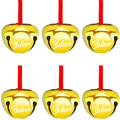 FOIMAS 12 Stück 4,1 cm Believe Bell Ornament Metall Weihnachten Schlitten Glocken mit rotem Band für Weihnachtsbaum Urlaub Dekoration, Gold
