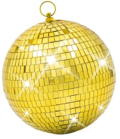 Mirror Disco Ball Decor with Hanging Ring: 8 Inch Large Gold Disco Ball Ornaments - Hanging Party Decor for 70s Theme, DJ, Wedding, Birthday, Christmas