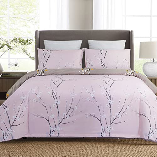 YEPINS Microfiber Quilt Duvet Cover Set with Zipper Closure and Corner Ties, Tree Branch Printed Pattern, Pink and Gray Color, Reversible Design- King Size(230X220CM)