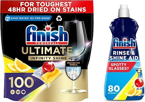 Finish Ultimate Infinity Shine Dishwasher Tablets Bulk, Scent : Lemon, Size : 100 Dishwasher tabs + Finish Dishwasher Cleaner Rinse Aid | Scent : Lemon | Size : 400ml