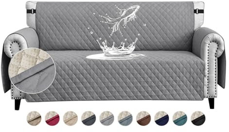 FIGOOO wasserdichte Sofabezug 3 Sitzer Dicke Sofaschoner Wasserdicht Reversible Gesteppte Sofa Überzug mit Seitentaschen Sofaüberwurf rutschfest Kratzfest für Haustiere Hunde Katzen,Blassgrau