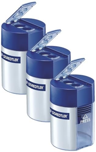 STAEDTLER Doppelspitzdose, für unterschiedliche Stiftformate, geeignet für normalstarke und für jumbo Blei- und Farbstifte, Verschlussdeckel mit Drucktaste, 512 001 (Packung mit 3)