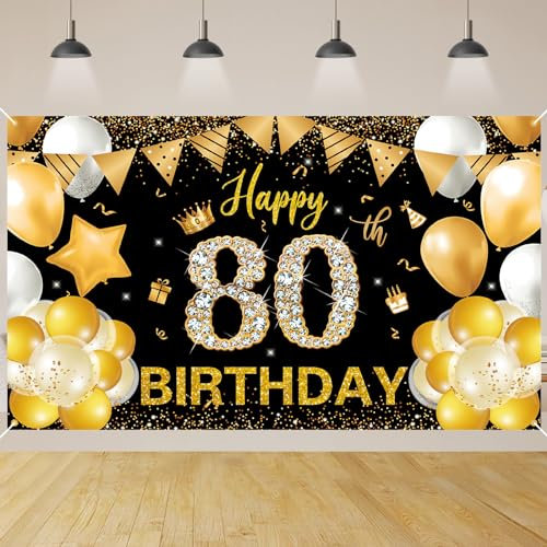 80 Geburtstag Dekoration,BTZO 80 Geburtstag Banner Schwarz Gold,Extra Große 80 Geburtstag Hintergrund Banner,80 Party Geburtstagsdeko Frau Mann