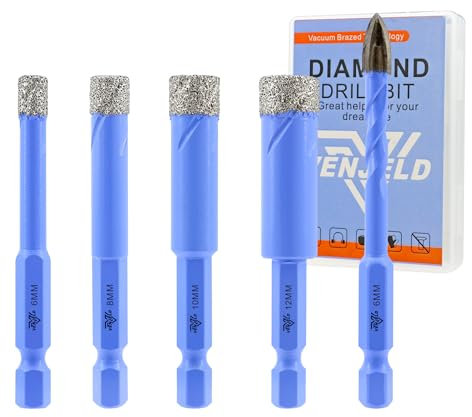 Foret Diamant Carrelage Set - 4Pcs 6/8/10/12mm Scie Cloche und 1Pc 6mm Foret en Carbure Perçage à Sec pour Céramique Porcelaine Carrelage Marbre Granit avec Changement Rapide Tige Hexagonale VENJELD