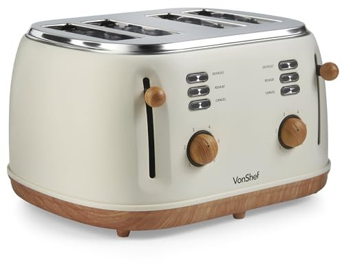 VonShef 4 Slice Toaster - Nordic Cream Design, 6 Browning Settings, Wide Slots, Defrost, Reheat and Cancel Functions, Removable Crumb Tray, High Lift Lever & Cord Storage - Fika Range