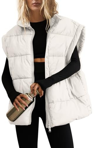 SENSERISE Übergroße Pufferweste für Damen, gesteppt, Blasenweste, Puffy Coats, Reißverschluss, Oberbekleidung mit Taschen, gepolsterte Weste, Cream, Medium