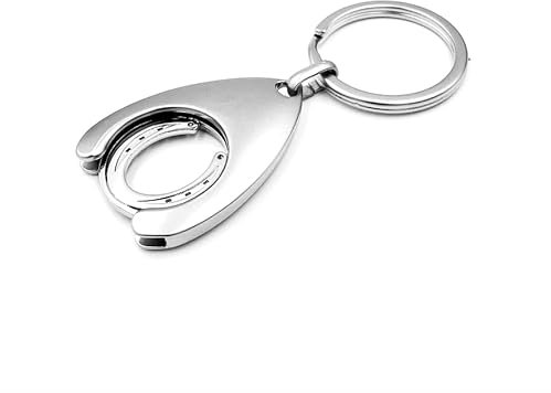 JA Horse Porte-clés avec jeton de caddie - En métal - En forme de goutte d'eau - Argenté, Fer à cheval, 7.5 cm