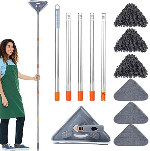 Triangle Cleaning Mop with Long Handle, 360° Adjustable Wall Mop, Microfiber Dry and Wet with 6 Replacement Cloth for Floor Ceiling Window Wall Cleaning