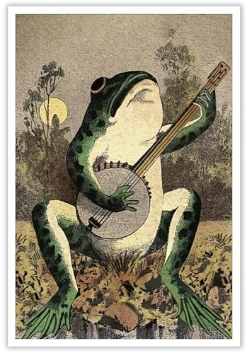 Rubeoxn Retro-Frosch-Poster, trendig, lustig, der Frosch spielt das Banjo im Mondlicht, Wandkunst, abstrakt, bunt, bedruckt, für Badezimmer, Zuhause, Schlafzimmer, Wanddekoration, 30,5 x 40,6 cm,