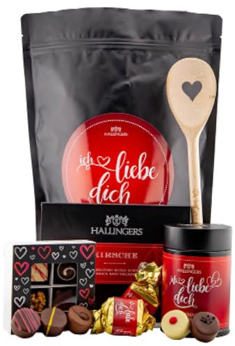 Hallingers Ich liebe Dich XXL - Valentinstag Wundertüte XXL Geschenkset Pralinen Nougat Busserl Tafel Schokolade & Kochlöffel (Bag) - Geschenkideen Weihnachten & Geschenke Adventskalender | Glückwunsc