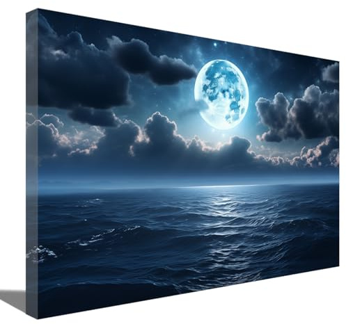 ZQQART Großer Mond Meer Ozean Leinwanddrucke natürlicher Vollmond in der Nacht Meereslandschaft Poster Ramadan Gemälde für Wohnzimmer Schlafzimmer Büro Wanddekoration gerahmt (Mond-C,60x90cm)