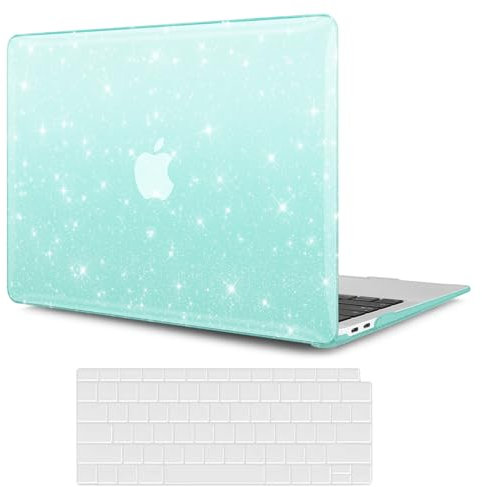 KEROM Glitter Case for MacBook Air 13 inch 2022-2018 Release M1 A2337 A2179 A1932, Sparkly Shining Bling Plastic Hard Shell Case & Keyboard Cover for Mac Air 13 2018-2022, Mint Green Glitter