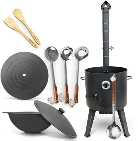 Feuerofen Ø 44 сm Thermometer Herdplatte 5 Ringe 48 cm Gusseisen Kazan flacher Boden Deckel Ø 46,5 cm(16 L) 2 Schaumlöffel Schöpfkelle 48cm Schaumlöffel 64 cm Löffel, Spatel (Set - 525)