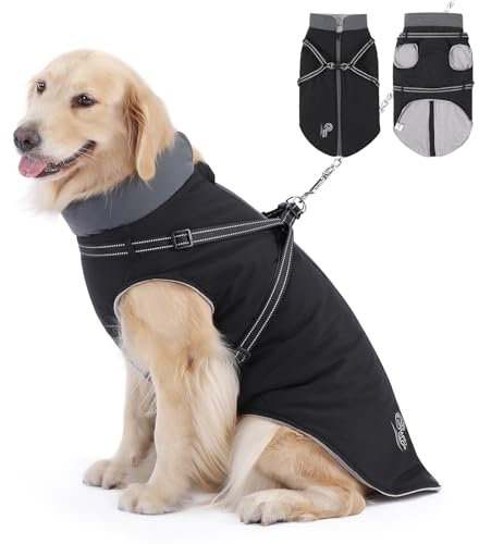 HAPPY HACHI Hundemantel Wasserdicht, Hundemantel Winter Warmer Hundejacke mit Geschirr, Reflektierend Hundejacke, Hundemantel Grosse Hunde Haltbarer Doppelter D-Ring (4XL-Brustumfang 80CM)