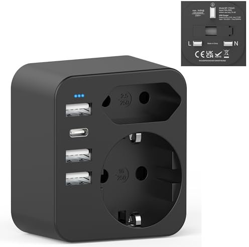 Adapter England Deutschland Stecker, Reiseadapter UK mit 3 USB 1 USB C(3.4A), Reisestecker Stromadapter Steckdosenadapter Typ G für England Großbritannien Irland Dubai, Malediven