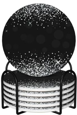 Untersetzer, Keramik-Untersetzer mit Halter, Getränkeuntersetzer, Tassenunterlage, 6er-Set,Glänzender silberner Glitzer