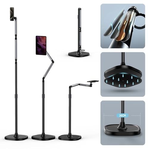 TELESIN° Magnetic Phone Tablet Floor Stand, Aluminum Alloy Phone Holder Stand for Video Recording, Overhead Bed/Sofa Phone Mount Height Adjustable Ultra Stable Base for Magsafe/iPhone/Android/iPad