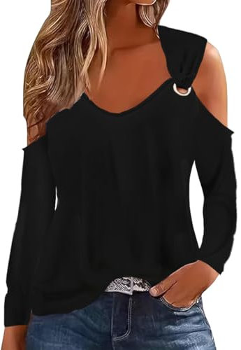 ABINGOO Damen Schulterfrei Oberteile Tops V-Ausschnitt Langarm Shirts Bedruckte Bluse Lässiges Tunika Freizeit Longshirt(Black,S)