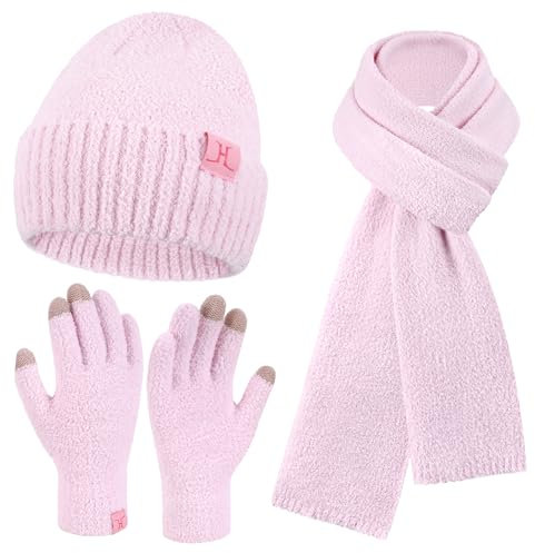 Winter Warm Damen Mütze Lange Schal Touchscreen Handschuhe Set Thermo Wintermütze Strickmütze Beanie Winterhandschuhe Schals für Damen Geschenk Frauen, Rosa