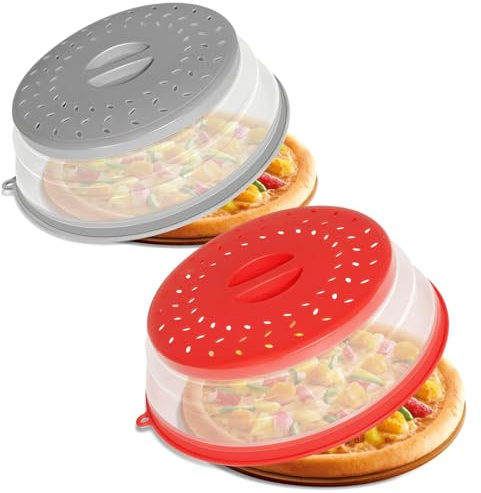 Faltbare Mikrowellen Abdeckung, 2 Stück Mikrowellenhaube, Microwellenabdeckungen 27cm, Mikrowelle Abdeckhaube mit Haken, auch als Filterkorb mit Dampflöchern (Rot + Grau)