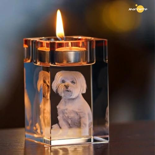 Qijundian Portavelas con foto 3D personalizada, cristal 3D grabado con láser, portavelas de cristal grabado, vela conmemorativa, regalo de retrato personalizado (5 x 5 x 12 cm)