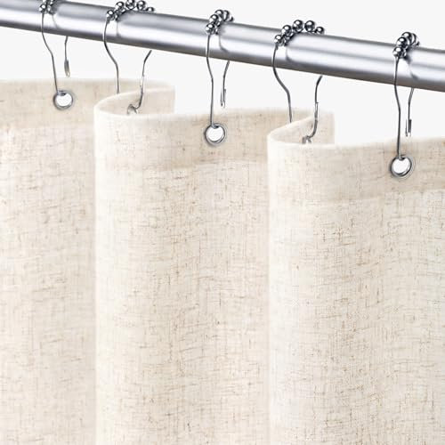 Awellife Rideau de douche en lin texturé de style rustique bohème avec doublure en tissu pour salle de bain Blanc 183 x 183 cm