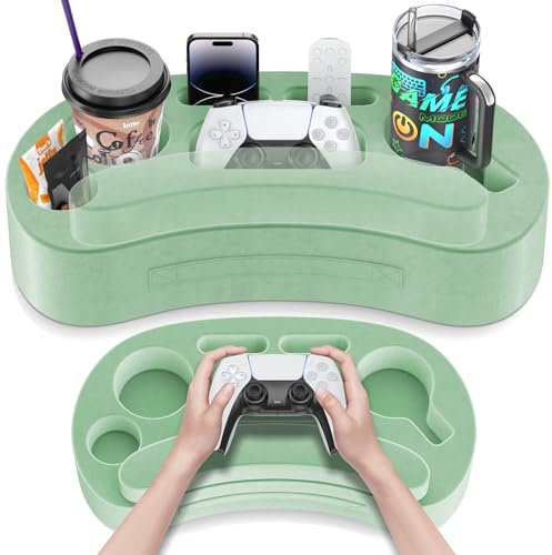 Couch Cup Holder Pillow Tray with 6 Slots, Gaming Pillow Couch Cupholder Tray with Armrest Cushion, Couch Caddy & Buddy, Drink, Snack, Controller, Remote, Phone, Green
